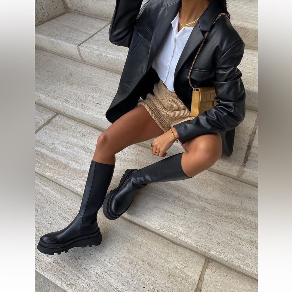 ZARA Leather Knee High Platform Lug Sole Black Boots Size EU 41 / US 10 NWT